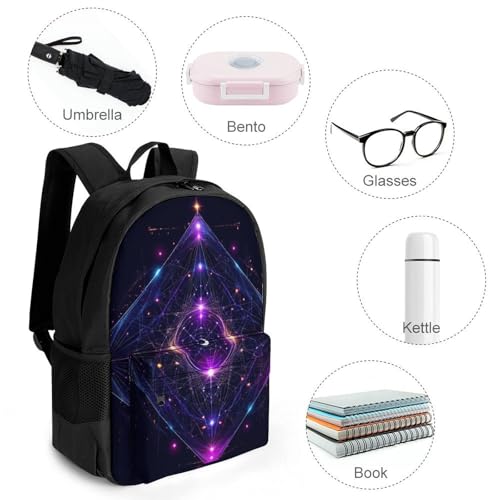 Large Capacity Sacred Geometry Symbols Sun Moon Trippy Purple Backpack, Women Men Portable Daypack for Hiking, Shopping, Fashion Comfy Shoulder Bag with Adjustable Strap4