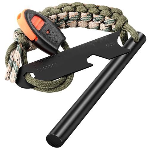 Survival Fire Starter, 4 Inch Ferro Rod, Flint Fire Starters for Hiking and Camping, Flint and Steel Survival Tool with Paracord and Emerge