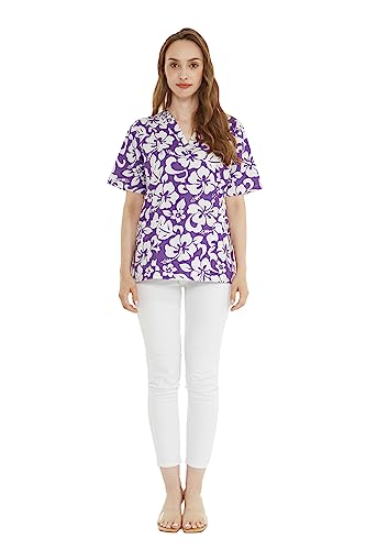 Hawaiian Print Cotton 2 Pockets Scrub Top in Classic Hibiscus Purple L