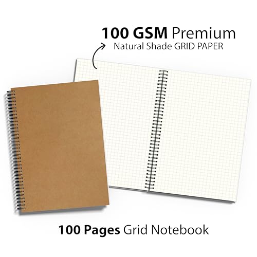 Image of PaperO A4 Square Grid Notebook | 5mm Graph Paper | 100 Pages | Kraft Cover | A4 Size (8.5 x 11 Inches) Ideal for Architects, Designers, Engineers, Students, Drawing, Sketching & Mathematics | Blank Grid Book