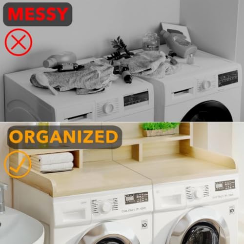 Washer Dryer Countertop with 2-Tier Shelf, Wood Laundry Countertop Over Washer and Dryer with Edge, 54" Width x 27.5" Depth Laundry Hamper Table Top Storage Organization Oak