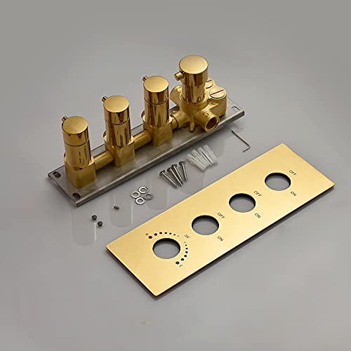 Whshower Polished Gold 12 Inch Led Rain Shower System With 6Pcs Body Jet Spray Wall Mounted Full Body Shower Faucet Set Complete With Thermostatic Diverter Valve And Trim Can Use All Option At A Time #TOP7