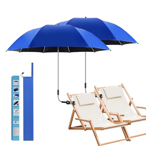 ConBlom 2 PACK Chair Umbrella with Universal Clamp, 360 ° Adjustable UPF50+ Umbrella for Stroller, Patio Chair, Wheelchair, Camping Chair, Golf Carts (Blue)