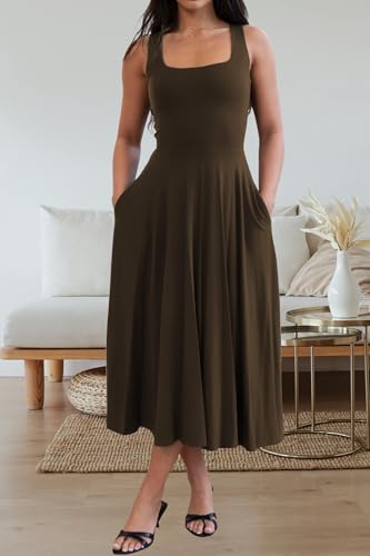 FairBeauty Women's Square Neck Casual Sleeveless Long Dress Stretchy Summer Sundress with Pockets2