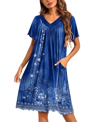 Image of Ekouaer Nightgowns for Women Short Sleeve House Dress with Pockets Pleated Soft Moomoo V Neck Sleepwear