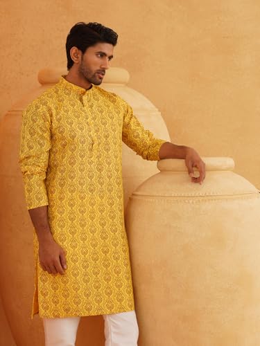 Image of SOJANYA (Since 1958 Men's Cotton Blend Navy Blue & Black Printed Kurta & White Churidar Pyjama Set