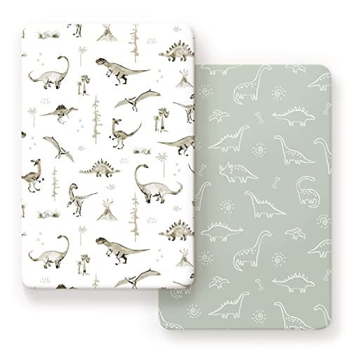Image of GRSSDER Pack n Play Sheets Fitted 2 Pack, Stretchy Ultra Soft Pack and Play Sheets, Universal Fitted Portable/Mini Crib Mattresses Snug and Safe, Jersey Crib Sheets for Boys, Dinosaurs