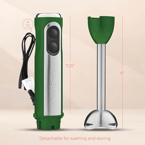 Image of Powerful Immersion Blender, Electric Hand Blender 500 Watt with Turbo Mode, Detachable Base. Handheld Kitchen Blender Stick for Soup, Smoothie, Puree, Baby Food, 304 Stainless Steel Blades (Green)