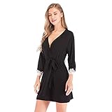 Morgenmantel Damen Kurz Bademantel Kimono,Spitze Langarm Schlafmantel Saunamantel Pyjama Robe,Schwarz,M