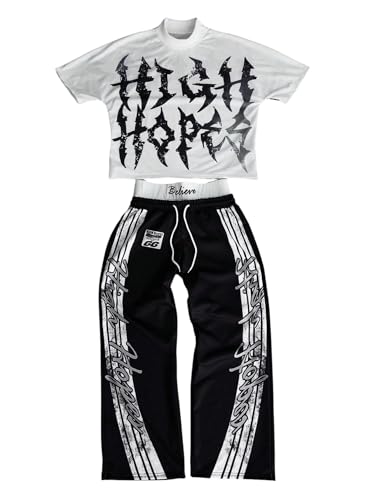 RoseSeek Men's 2 Piece Outfits Streetwear Graphic Tees and Sweatpants Set Going Out Hippop Clothes Black and White Medium