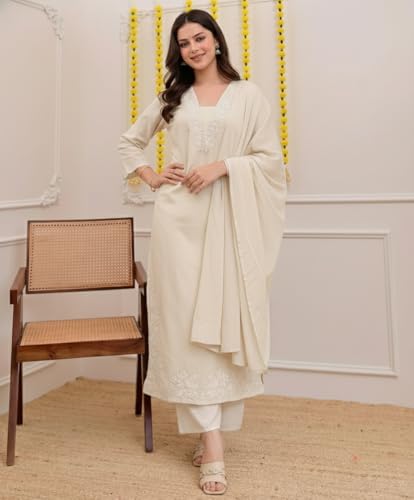 Image of ANNI Designer Pure Cotton Embroidered Kurta Set for Women | Rust Orange Kurta with Pants & Dupatta | Floral Neck & Hem Embroidery | Cotton Kurta Set for Women | 10 Colour Options Available