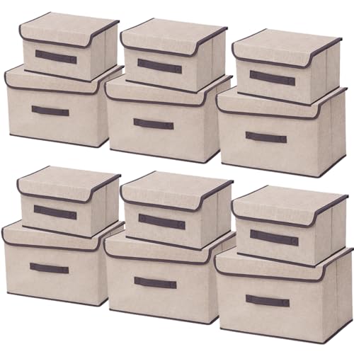 NCRGB Caixa de armazenamento com tampa, caixas de armazenamento de roupas, caixas de arrumação, caixa de armazenamento dobrável para guardar roupas (12 pacotes: 26 cm/6 pack+36 cm/6 pacotes, bege