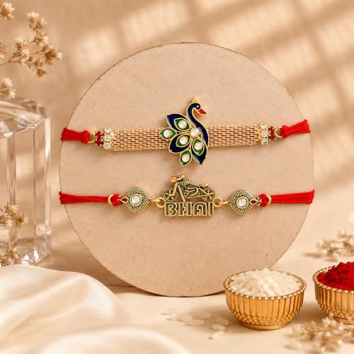 Image of CraftVatika Kundan Rakhi Set for Brother Set of 2, Designer Peacock Rakhi for Brother Boy Men, Premium Kalash Raki for Bhaiya, Traditional Rakshabandhan Rakhis with Best Wishes Card and Tillak Set