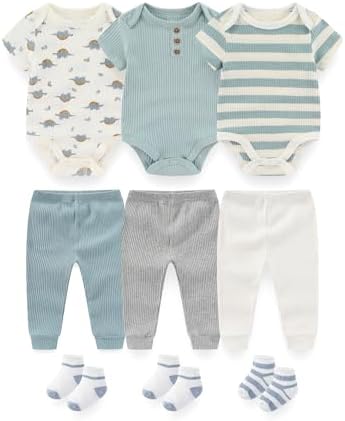 BIGBIGKISS Baby Boy Girl Clothes Cotton Baby Layette Gift Set 9-Piece Newborn Baby Bodysuits and Pant Socks Outfits