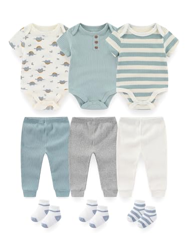 BIGBIGKISS Baby Boy Girl Clothes Cotton Baby Layette Gift Set 9-Piece Newborn Baby Bodysuits and Pant Socks Outfits