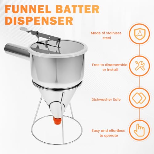 Pancake Batter Dispenser with 4 Nozzles 40oz/1.2L Stainless Steel Funnel Cake Dispenser with Stand & Handle, Pancake Mix Dispensers for Takoyaki Cupcake, Cupcakes, Funnel Cakes, Muffins - Image 5