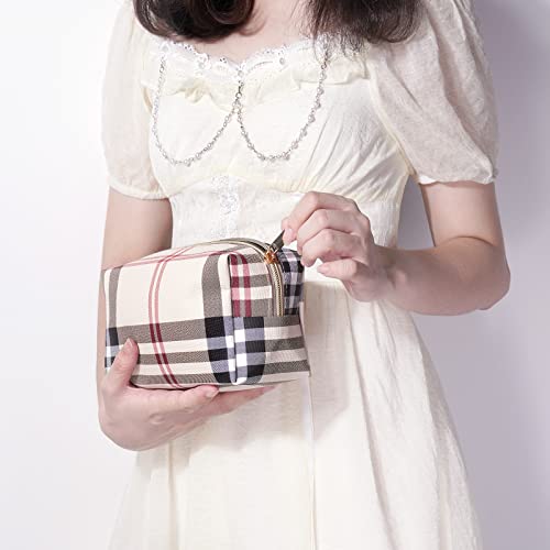 MAANGE Small Makeup Bag for Purse, 2 PCS Cosmetic Bag for Women Travel Makeup Pouch Leather Make up Bag Portable Zipper Pouch Makeup Brushes Bag - khaki plaid