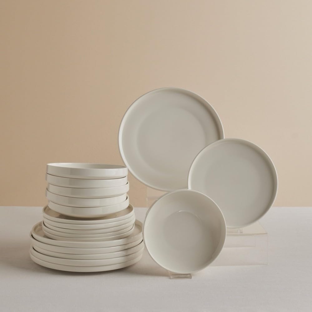 Karaca Stream Bone China Felix XL - 18 Piece Dinner Plate Set for 6 People, Dishwasher Safe Dinner Sets, White Plates and Bowls Set, Microwave Safe Modern Crockery & Dinnerware
