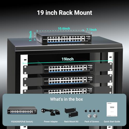 Image of 24 Port PoE Switch Unmanaged, 24 Port PoE+@400W, 2 Gigabit Uplink Ports, NICGIGA 26 Port Network Power Over Ethernet Switch, VLAN Mode, 250m Extend, 19 inch RackMount, Plug and Play.