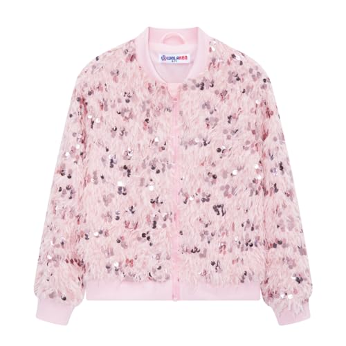 WELAKEN Girls Faux Feather Sequin Jacket Shiny Long Sleeve Zip Up Coat with Pockets 5-12Y