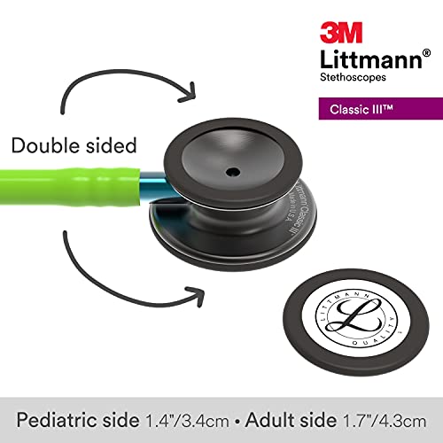 Image of 3M Littmann Classic III Monitoring Stethoscope, 5875, More Than 2X as Loud, Weighs Less, Stainless Steel Smoke-Finish Chestpiece, 27 inch Lime Green Tube, Blue Stem, and Smoke Headset (Pack of 3)