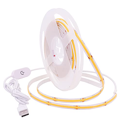 GQL Dimmable COB LED Strip with White Dimmer Switch, 5V USB Flexible Light Ribbon, Self-Adhesive Tape for Indoor Home Commercial Cupboard TV Backlight (Warm White, 1m)