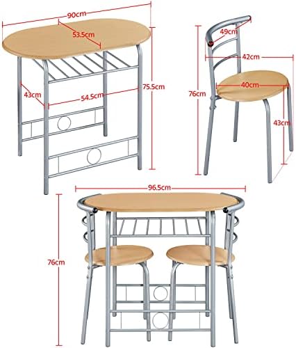 Yaheetech 3 Piece Dining Room Set, Modern Round Dining Table & Chairs Set for 2, Compact Kitchen Table Set with Metal Legs and Shelf, Built-in Wine Rack for Dining room, Living room Natural