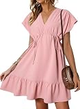 Dokotoo Womens Casual Summer Dresses Boho Babydoll Drawstring Ruched Ruffle A Line Swing Tunic Dress Empire Waist Short Sleeve V Neck Loose Soft Mini Short Dress for Women Fashion 2025 Pink Large