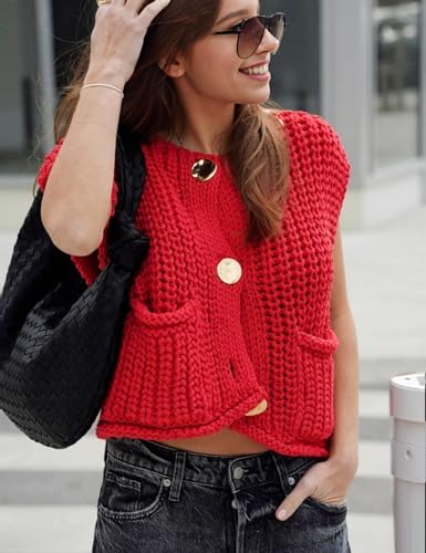 Image of Wyeysyt Sweater Vest Women Sleeveless Crop Knit Cardigan Casual Button Down Cropped Knitted Sweater Vest with Pockets