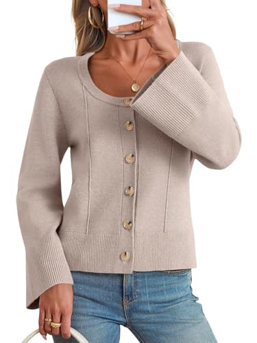 Saodimallsu Womens Bell Sleeve Cardigan Sweaters Button Down Long Sleeve Fall Trendy Sweaters 2025 U Neck Knit Outwear