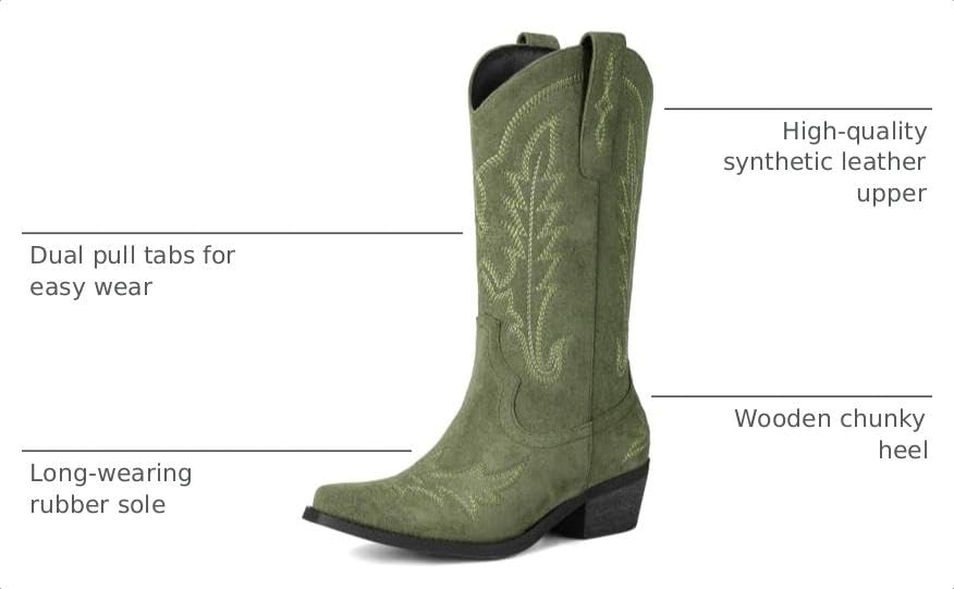 Image of Rivalran Cowboy Boots for Women - Cowgirl Boots with Embroidery, Chunky Heel Pointed Toe Pull-on Vintage Western Mid Calf Fashion Boots for Ladies