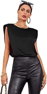 Verdusa Women's Satin Shirts Casual Sleeveless Shoulder Pad Tank Top Blouse Black S