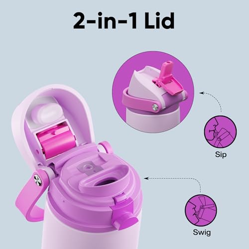 Image of Insulated Water Bottle with Straw - Encool Stainless Steel Water Bottle with Push Button Lid, Leak-Proof & BPA-Free, Keeps Cold for 24 Hours for Sports, Travel, Gym (24 oz, Thistle-Fuchsia)