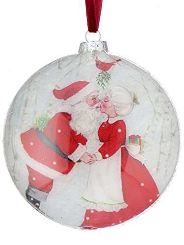 Regency International Kissing Mr. and Mrs. Claus Disc Hanging Ornament, 5-inch Diameter, Glass, Multicolor