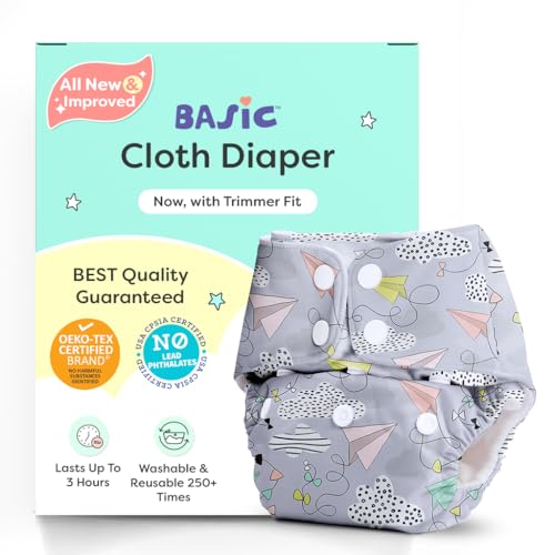 Image of BASIC Reusable Cloth Diapers | New Trimmer Version | Adjustable, Washable & Rash-Free | Includes Absorbent Pad with Dry Feel Layer | Fits 3M-3Y (5-17kg) | Certified & Comfortable for Babies