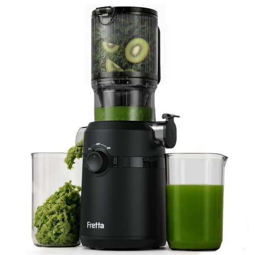 Fretta Estrattore frutta e verdura, apertura 108MM e capacità di 1L estrattore di succo, 200W centrifuga Lenta, 99% nutrienti preservati, senza BPA, facile da smontare e pulire