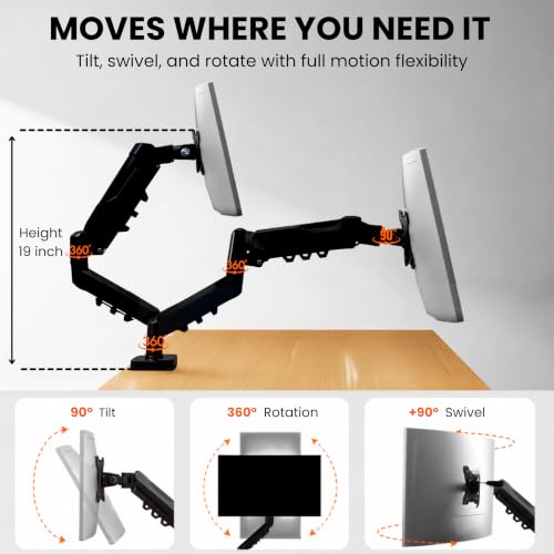 Image of STAR WORK Dual Monitor Mount for 13-32 inch Inch Screens, Adjustable Gas Spring Monitors Arm Desk Stand with C-Clamp & Grommet Base, Motion 360 Swivel & Tilt, Supports 19.8 lbs (Dual Black Monitor Arm)