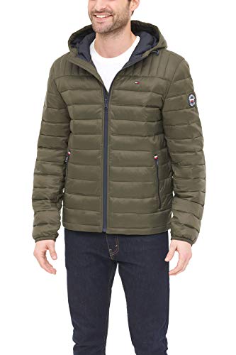 Tommy Hilfiger Men's Water Resistant Ultra Loft Filled Hooded Puffer Jacket, Olive, Small