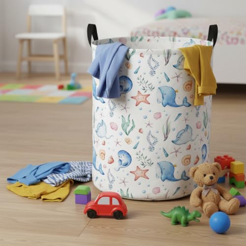 Image of Baby Laundry Hamper kids laundry Basket Waterproof Laundry Bag for Bedroom Clothes Organizer Room Decor(Blue Ocean)