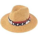 ScarvesMe Women's Fedora with American Flag USA Printed Band Trim Straw Sun hat