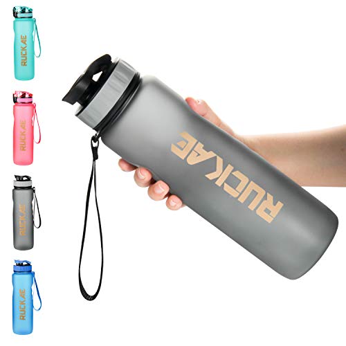 Water Bottle, RUCKAE 32oz BPA Free Water Bottle, 1 Liter Water Bottles Sports Water Bottle, Motivational Water Bottles to Drink Enough Water Daily - Ideal for Fitness, Gym, Sports, Outdoor (Grey)