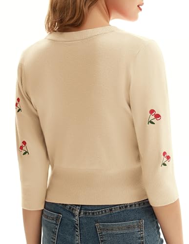 Image of Belle Poque Women's 3 /4 Sleeve V-Neck Button Down Cherries Embroidery Cropped Cardigan Sweater Coat
