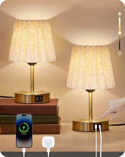 GOEBLESON Nachttischlampen 2er Set Touch Dimmbar kleine Tischlampe mit USB Ladefunktion Gold und Beige Tischleuchte E27 Birnen für Nachttisch Schlazimmer Hotel ZDE16TLDP205