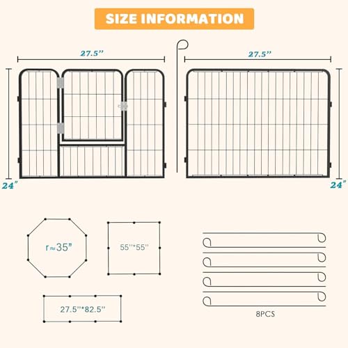 OFIKA Heavy Duty Metal Dog Playpen for Medium/Small Animals, 8 Panels 24”Height x 27\" Width, Dog Fence Exercise Pen with Doors, Pet Puppy Outdoor Playpen Pen for Outdoor, Indoor, RV, Camping, Yard