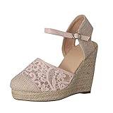 marque: Minetom Minetom Espadrille Compensées Femme Elegantes Dentelle Sandales Talon Plateforme Lanière Cheville Sandale Chic Boucle Fond Épais Chaussures Rose 38 EU