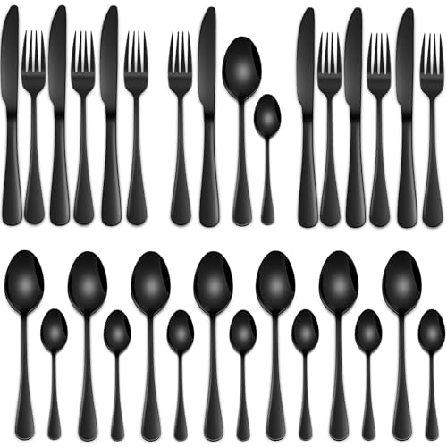 Black 32 Pieces Cutlery Sets Service for 8 Person Stainless Steel Table Knife Spoon Fork Eating Utensils Sets for Kitchen Tableware Sets Black Flatware Sets