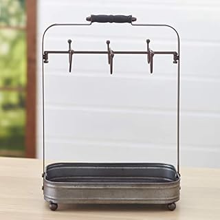 The Lakeside Collection Galvanized Coffee Mug Holder with Primitive Tray, Hooks for Coffee