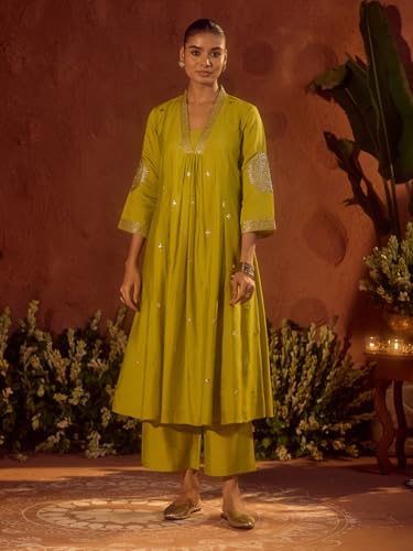 Image of FIORRA Women's Lime Green Viscose Chanderi Embroidered & Gota Patti Work Ethnic A-Line Kurta Set with Dupatta