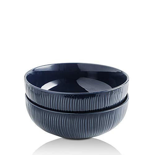 Koov 2.4 Quarts Porcelain Big Salad Bowl Set, 9" Large Serving Bowls, Ceramic Bowls For Kitchen, Big Bowl For Eating, Striped Series Set Of 2 (Aegean) #TOP6