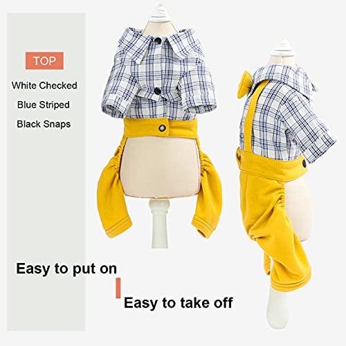 Hooddeal Pet Clothes Dog Shirts Stylish Classic White Plaid Blue Striped Overall Jumpsuit With Yellow Bowtie Casual Daily Outfit Adorable Wedding Birthday For Puppy Cat (M, Yellow) #TOP1